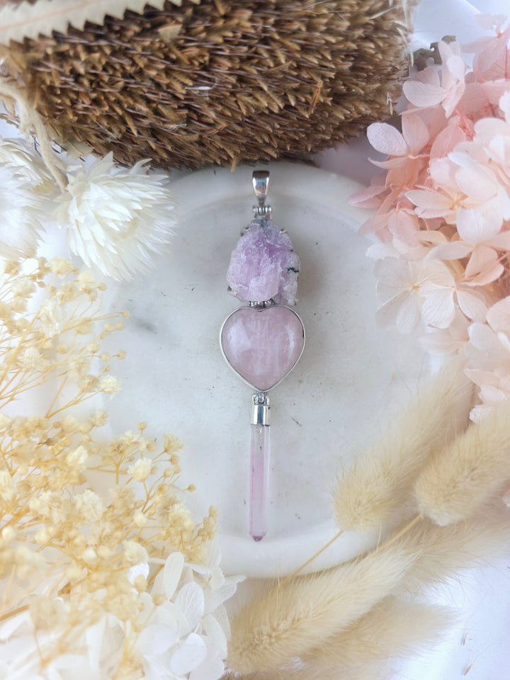 Kunzite, Rose Quartz Heart & Rose Aura Silver Pendant