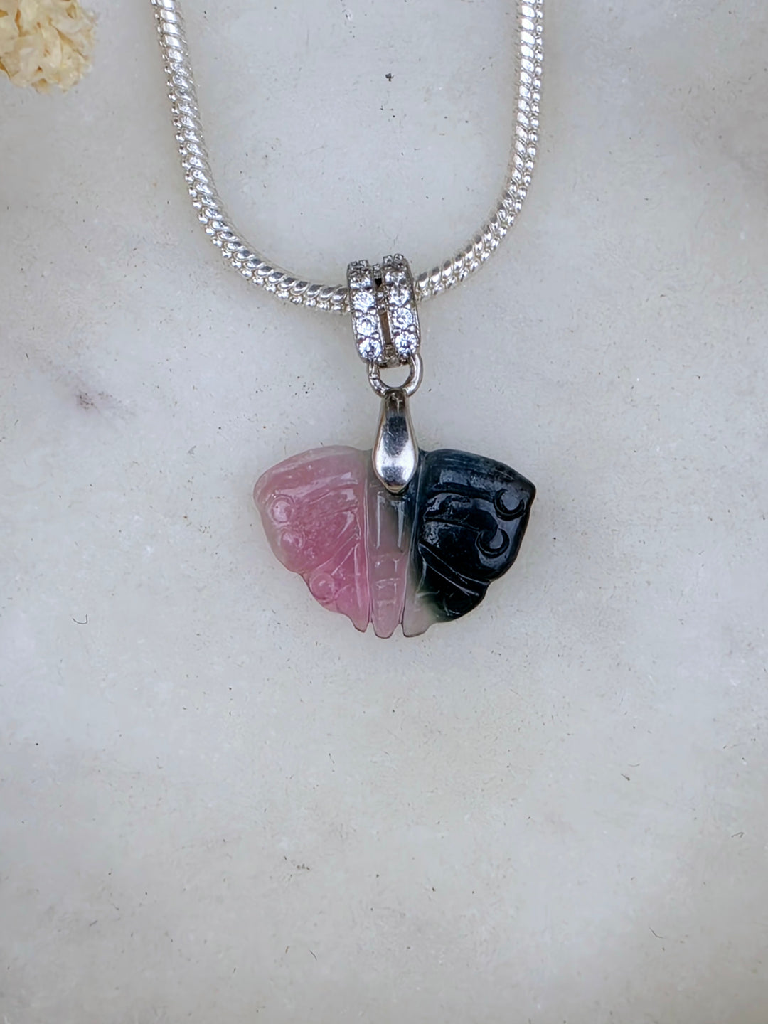 Indicolite (Blue) & Pink Tourmaline Butterfly Silver Pendant