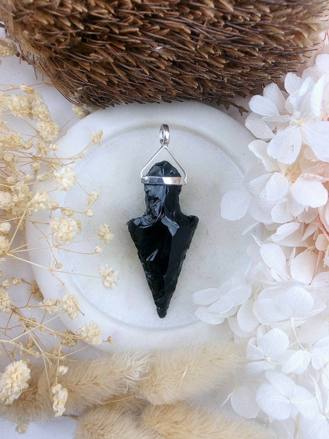 Black Obsidian Arrowhead & Turquoise Silver Protector Pendant