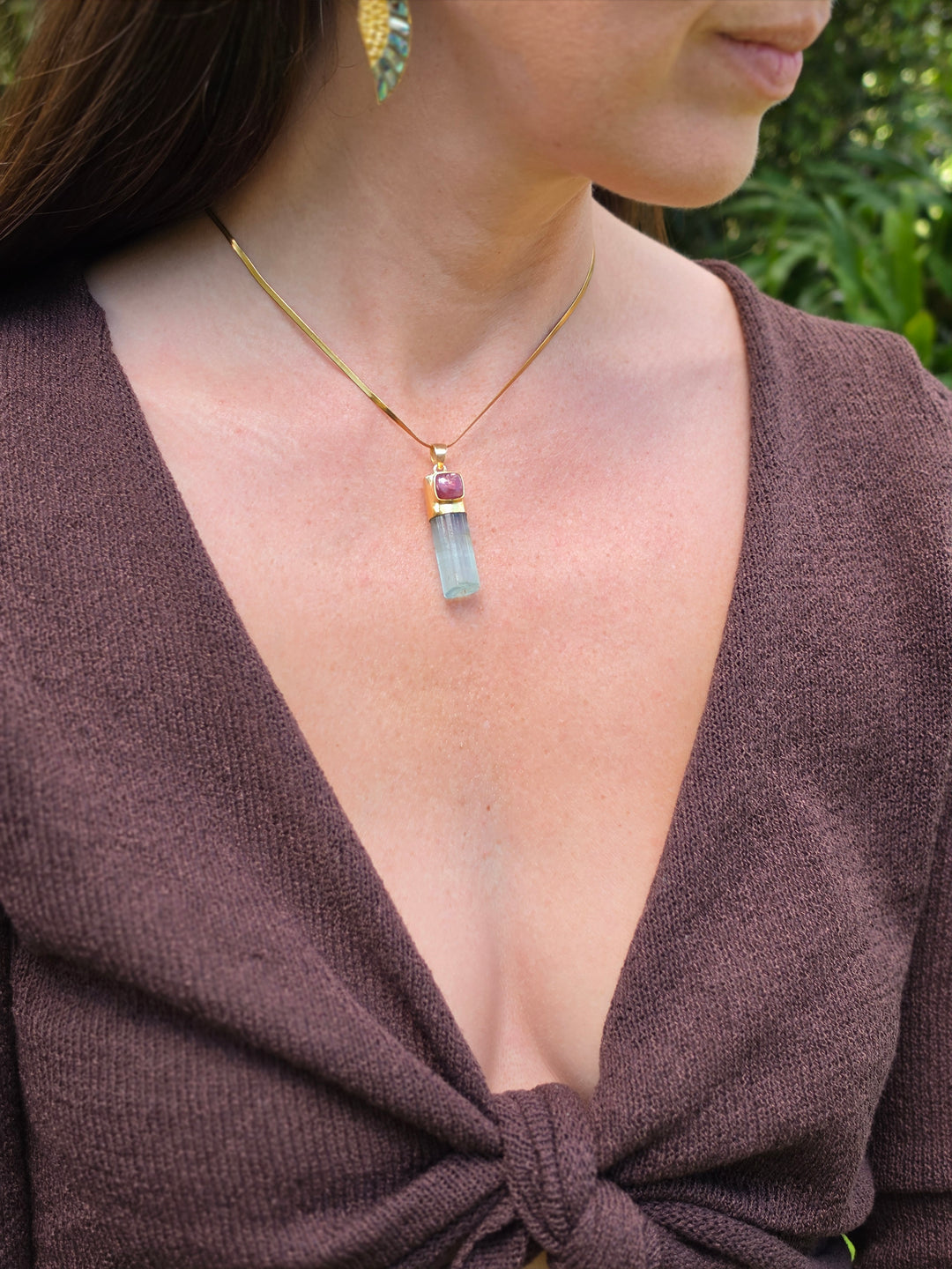 Natural Raw Emerald & Pink Tourmaline Pendant – 9K Solid Gold Light Keeper Wand — Love in Bloom