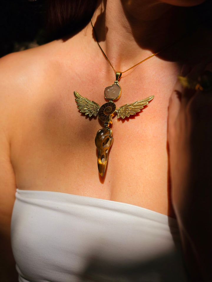 Libyan Desert Glass, Ammonite & Tigers Eye Raven Skull Anahata Brass Pendant