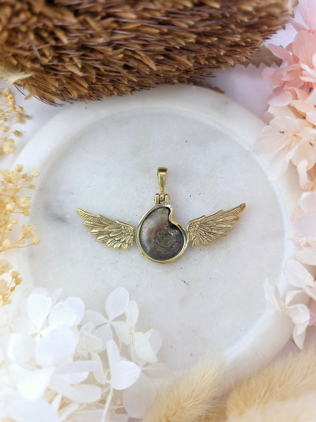 Ammonite Fossil Winged Brass Pendant #1A