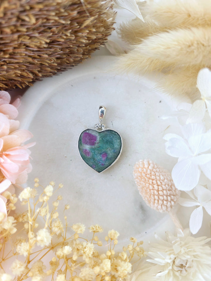 Ruby Fuchsite Heart Silver Pendant