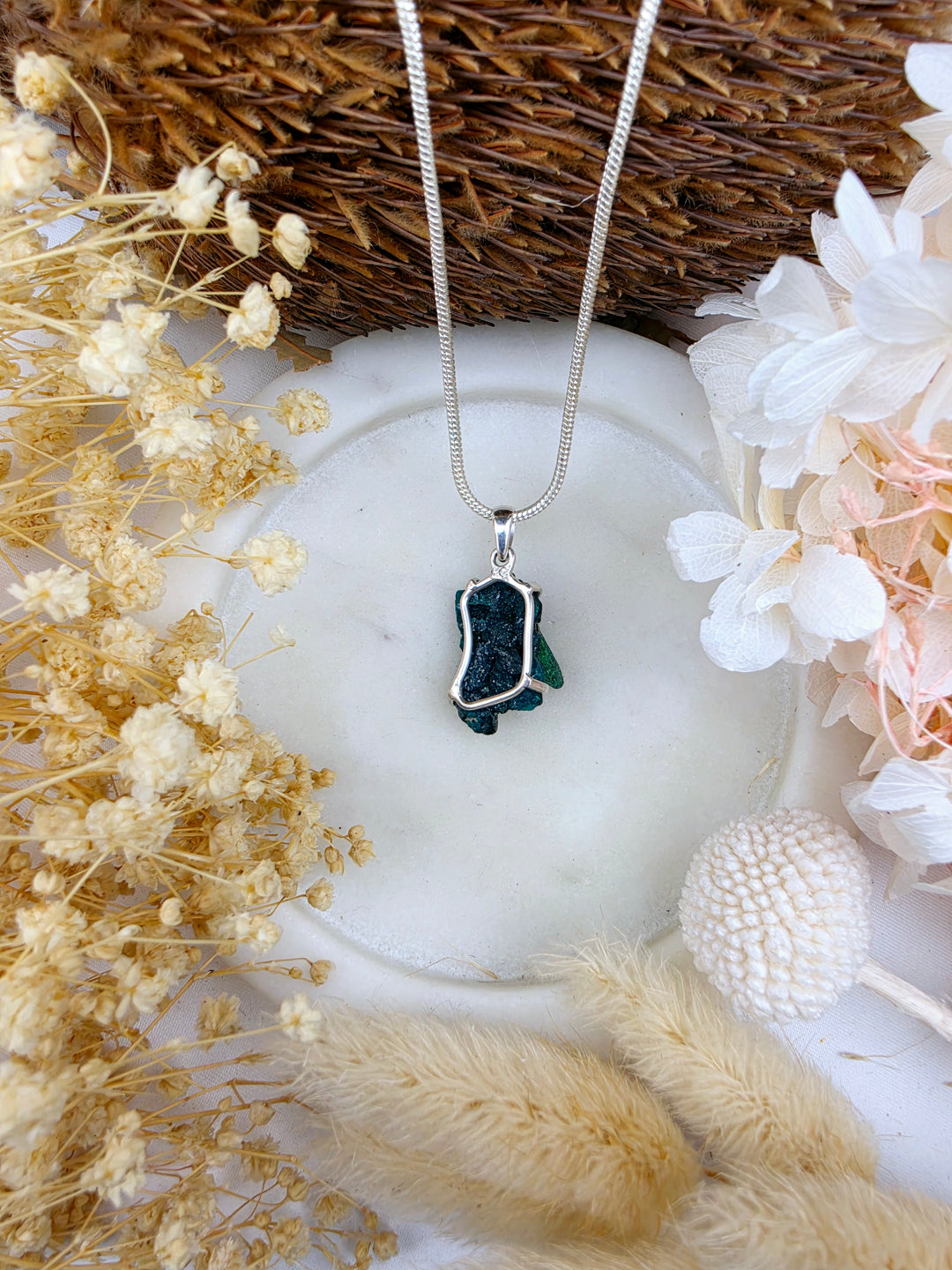 Dioptase with Malachite Natural Cluster Silver Pendant