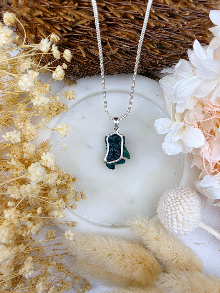 Dioptase with Malachite Natural Cluster Silver Pendant