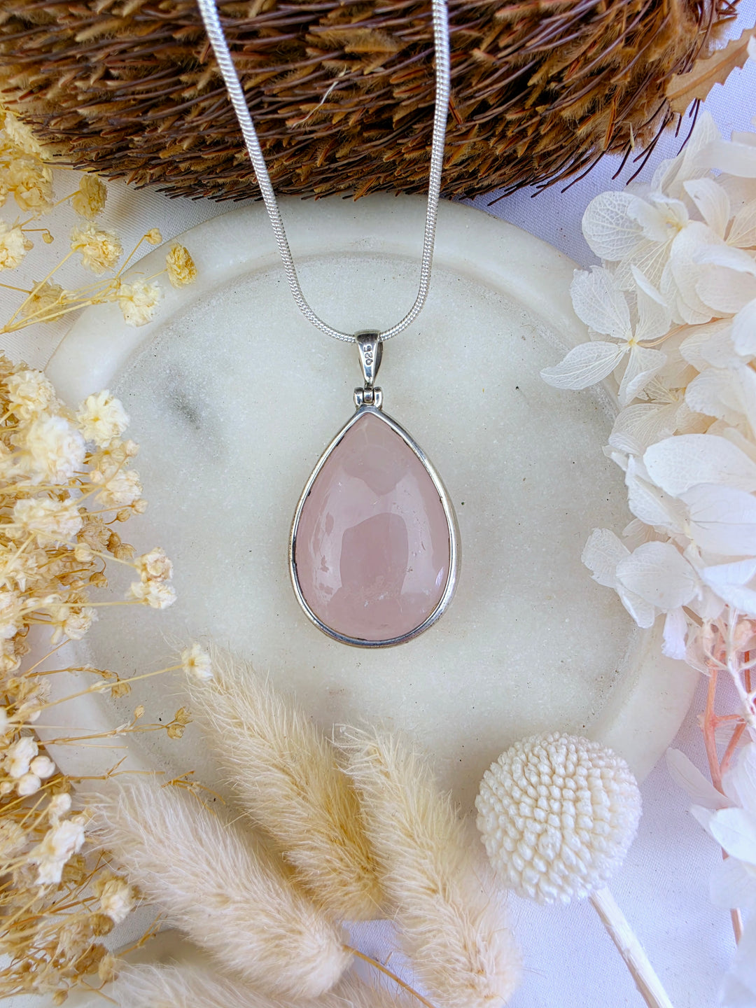 Rose Quartz Tear Drop Silver Pendant — Love Returns