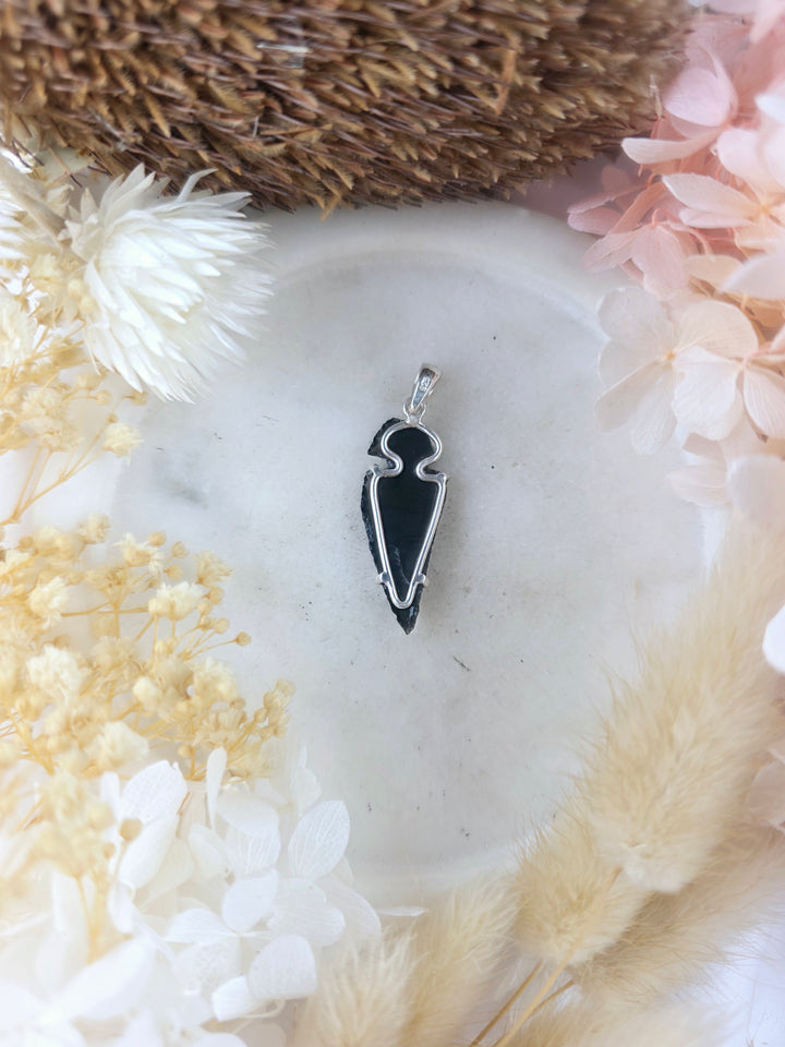 Black Obsidian Arrowhead Silver Pendant