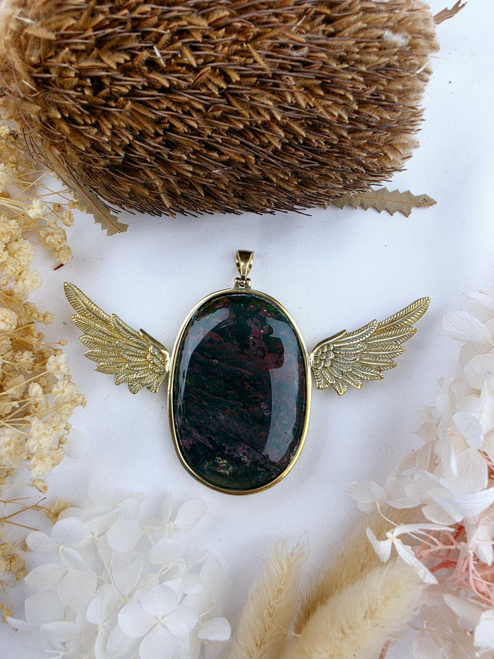 Bloodstone Jasper Large Anahata Brass Pendant
