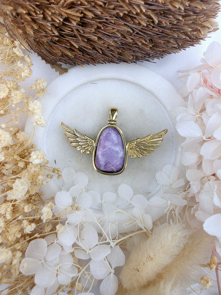 Lepidolite Anahata Brass Pendant
