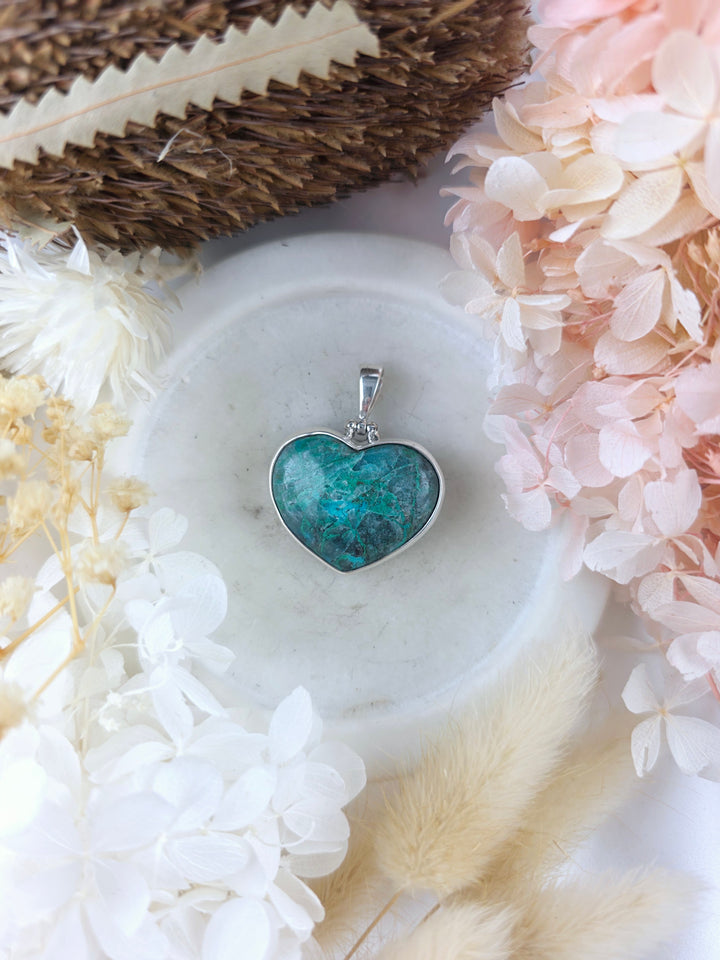 Chrysocolla Heart Silver Pendant