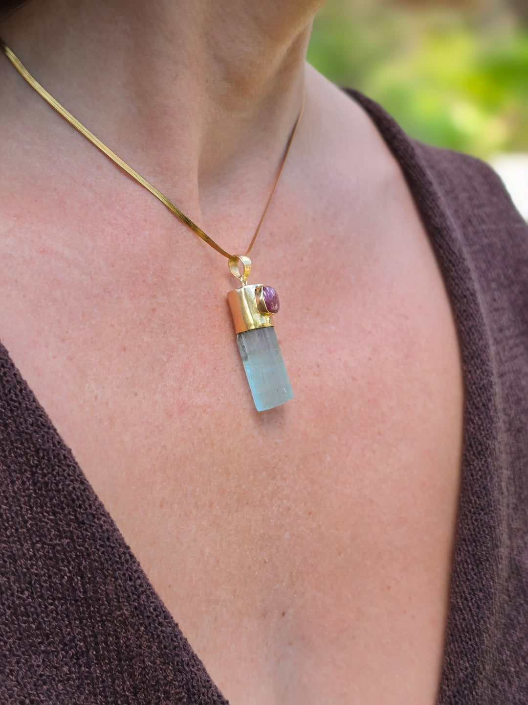 Natural Raw Emerald & Pink Tourmaline Pendant – 9K Solid Gold Light Keeper Wand — Love in Bloom