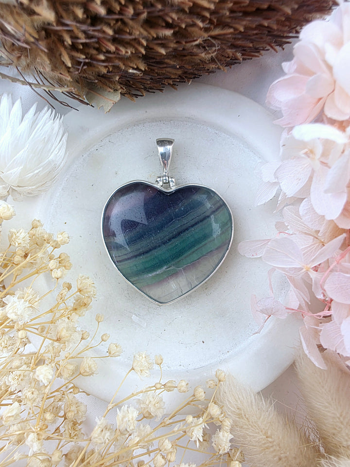 Rainbow Fluorite Heart Silver Pendant