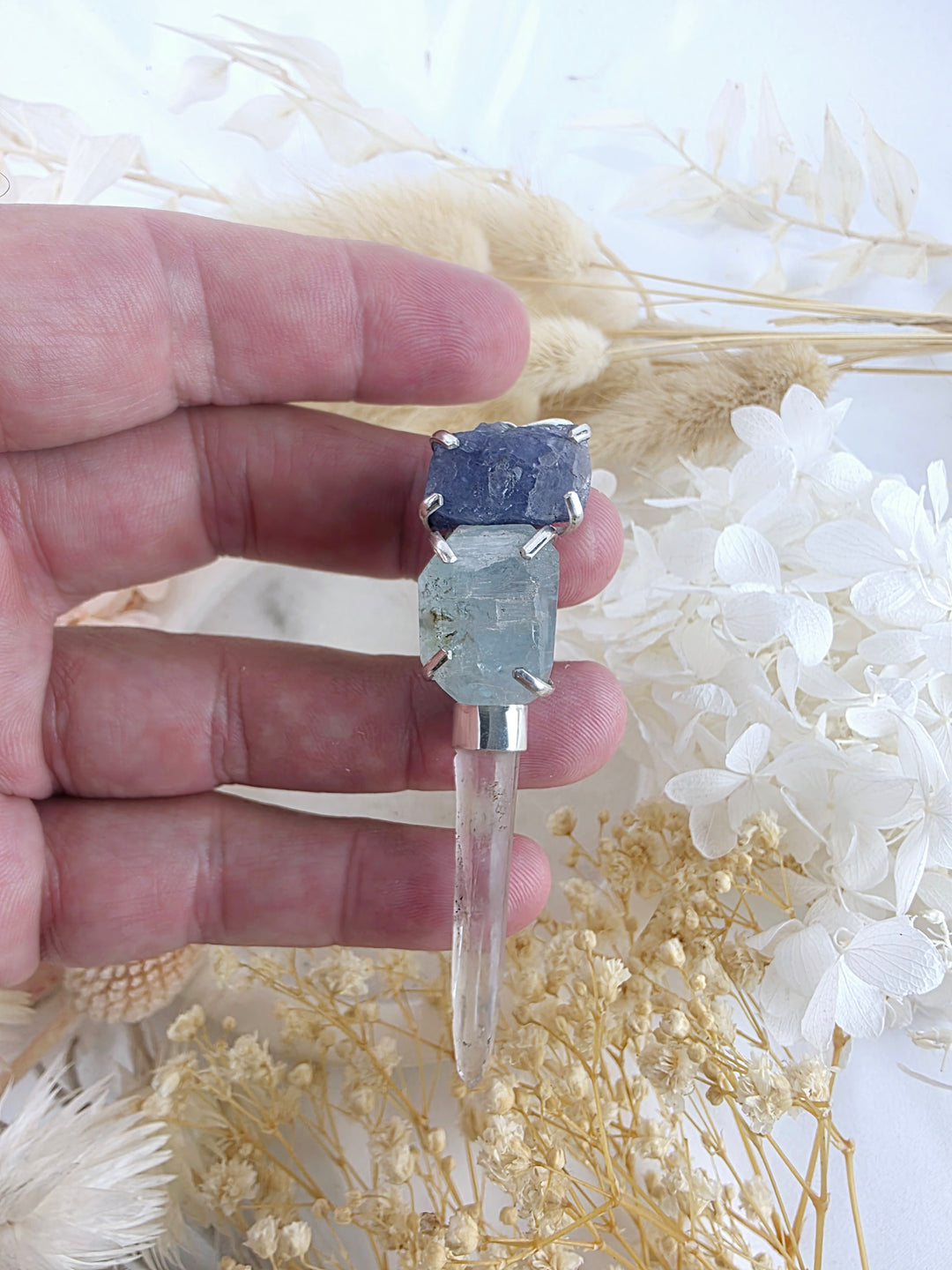 Aquamarine, Tanzanite & Clear Quartz Wand Silver Pendant