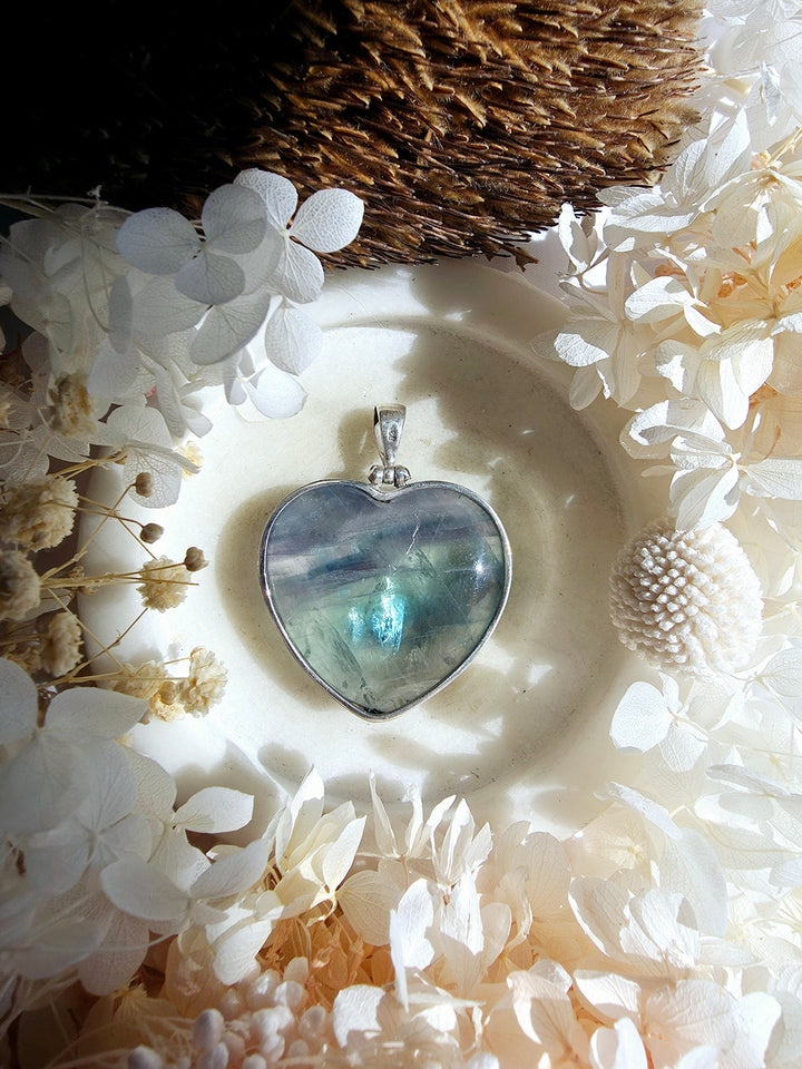 Rainbow Fluorite Heart Silver Pendant