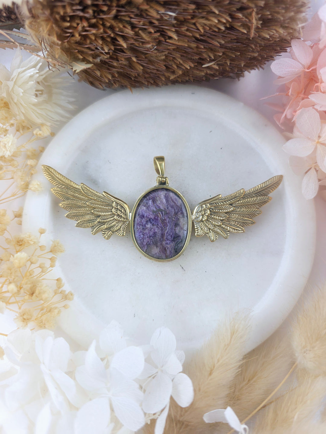 Charoite Brass Winged Goddess Pendant