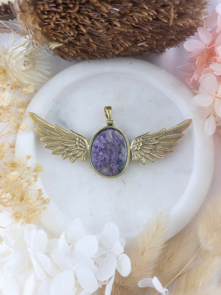 Charoite Brass Winged Goddess Pendant