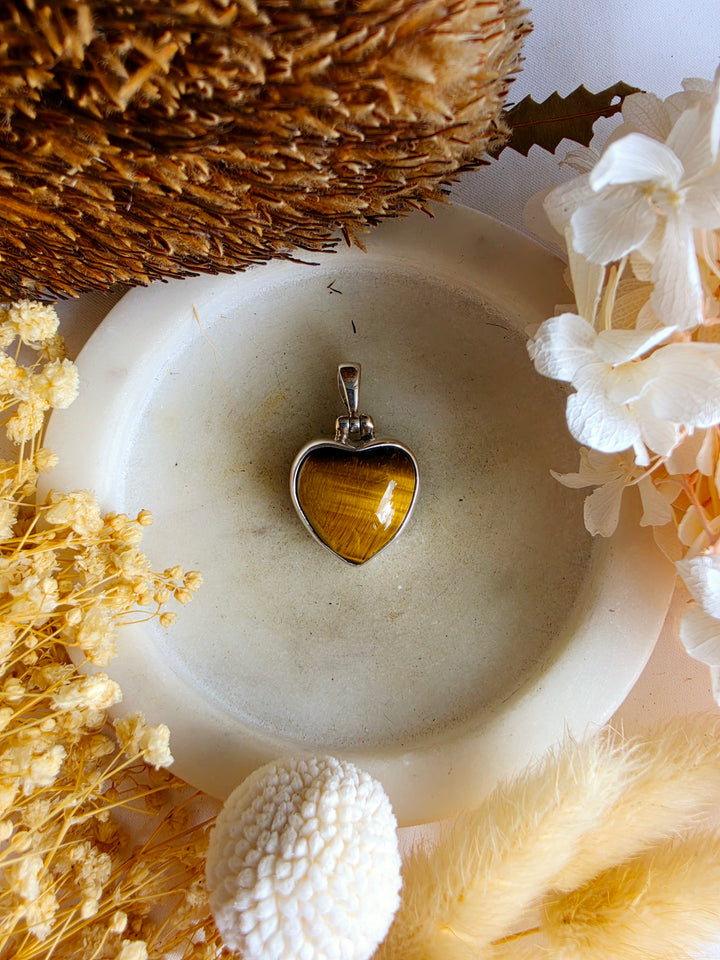 Tigers Eye Heart Silver Pendant