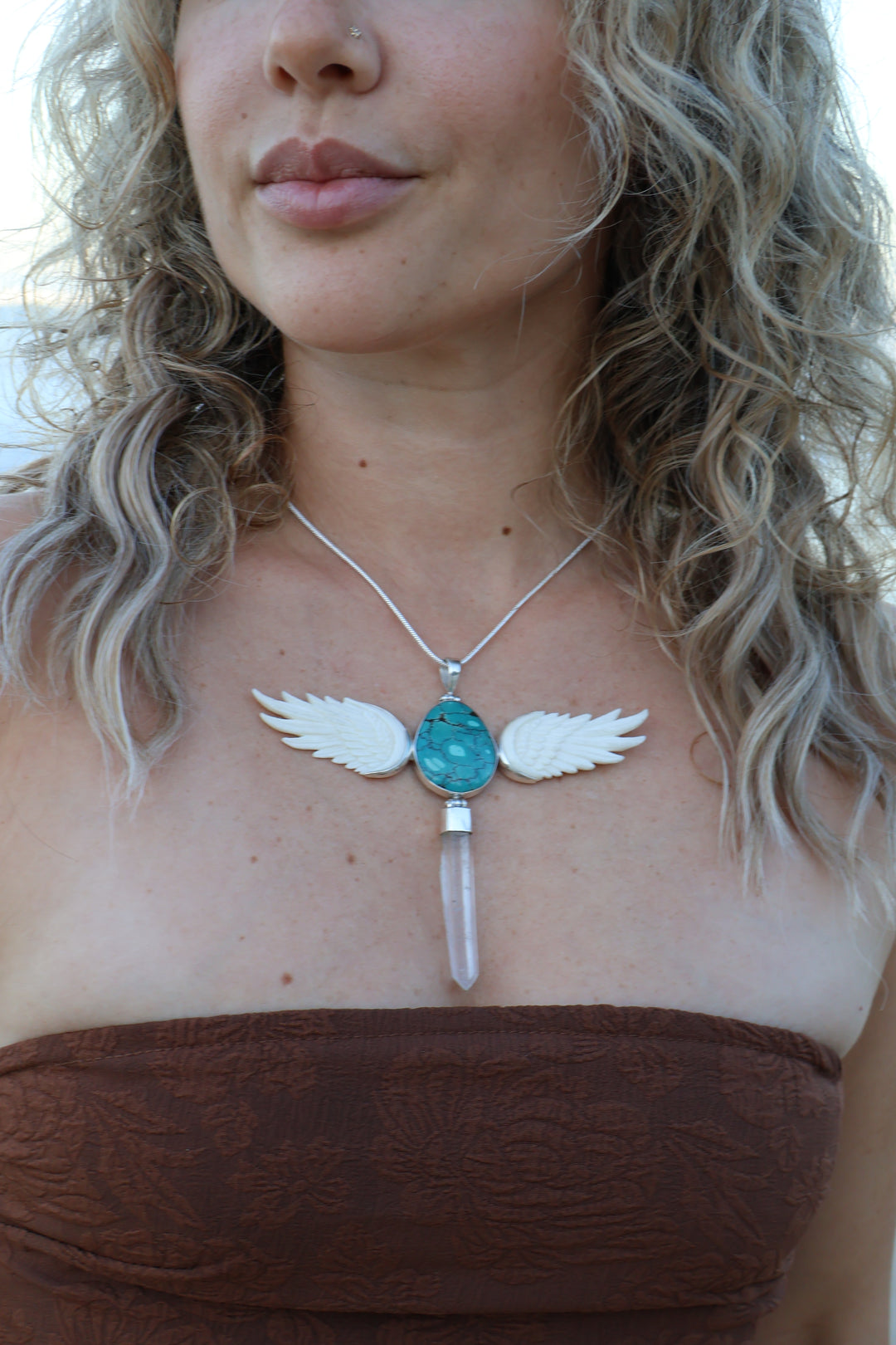 Turquoise, Clear Quartz Wand & Goddess Wings Silver Pendant