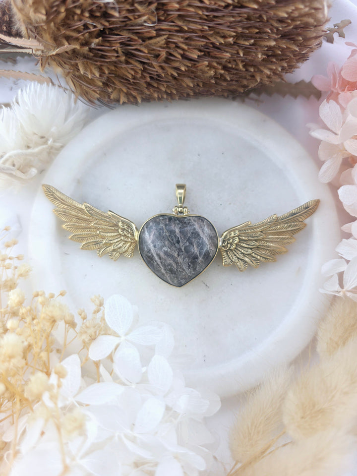 Black Moonstone Winged Heart Brass Pendant