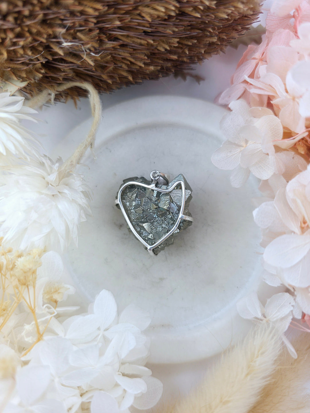 Pyrite Octohedral Cluster Heart Shaped Silver Pendant