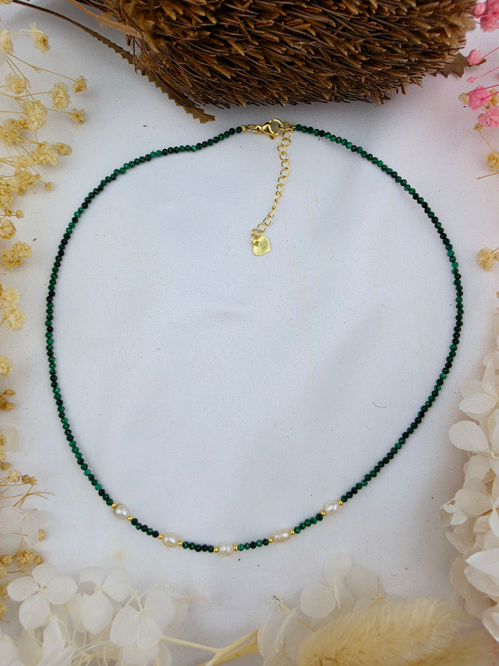 Malachite Faceted 2mm Pearl Necklace