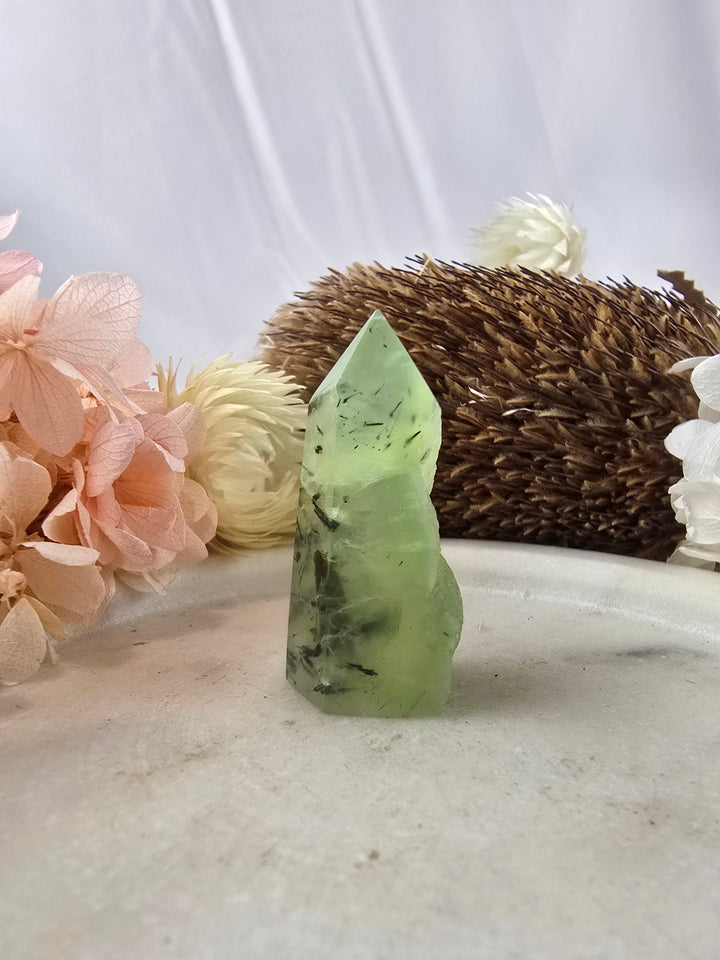 Prehnite with Black Tourmaline & Epidote Tower