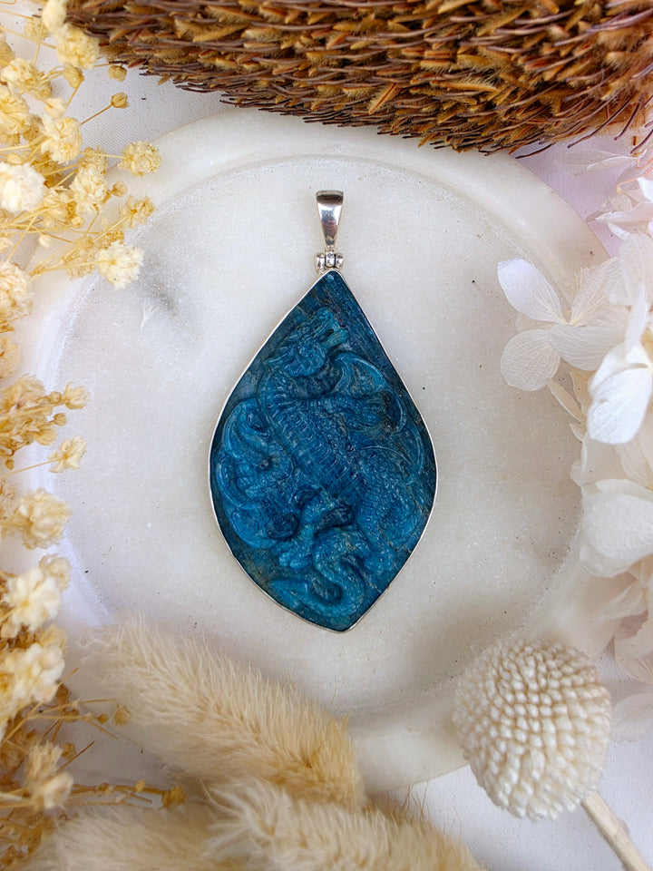 Blue Apatite Dragon Silver Pendant - Motivated & Inspired