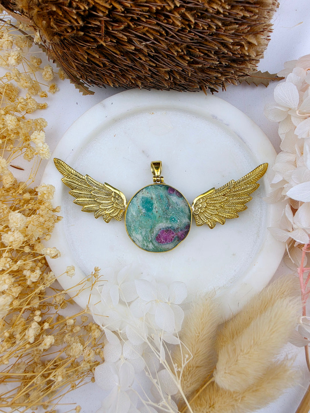 Ruby Fucshite Anahata Brass Pendant
