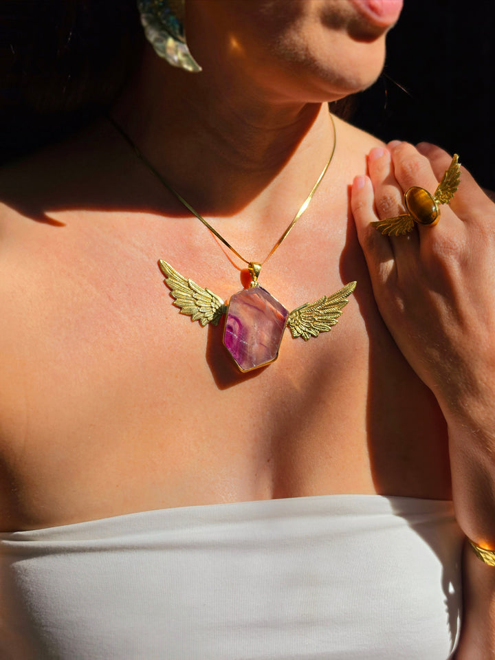 Rainbow Fluorite Large Anahata Brass Pendant
