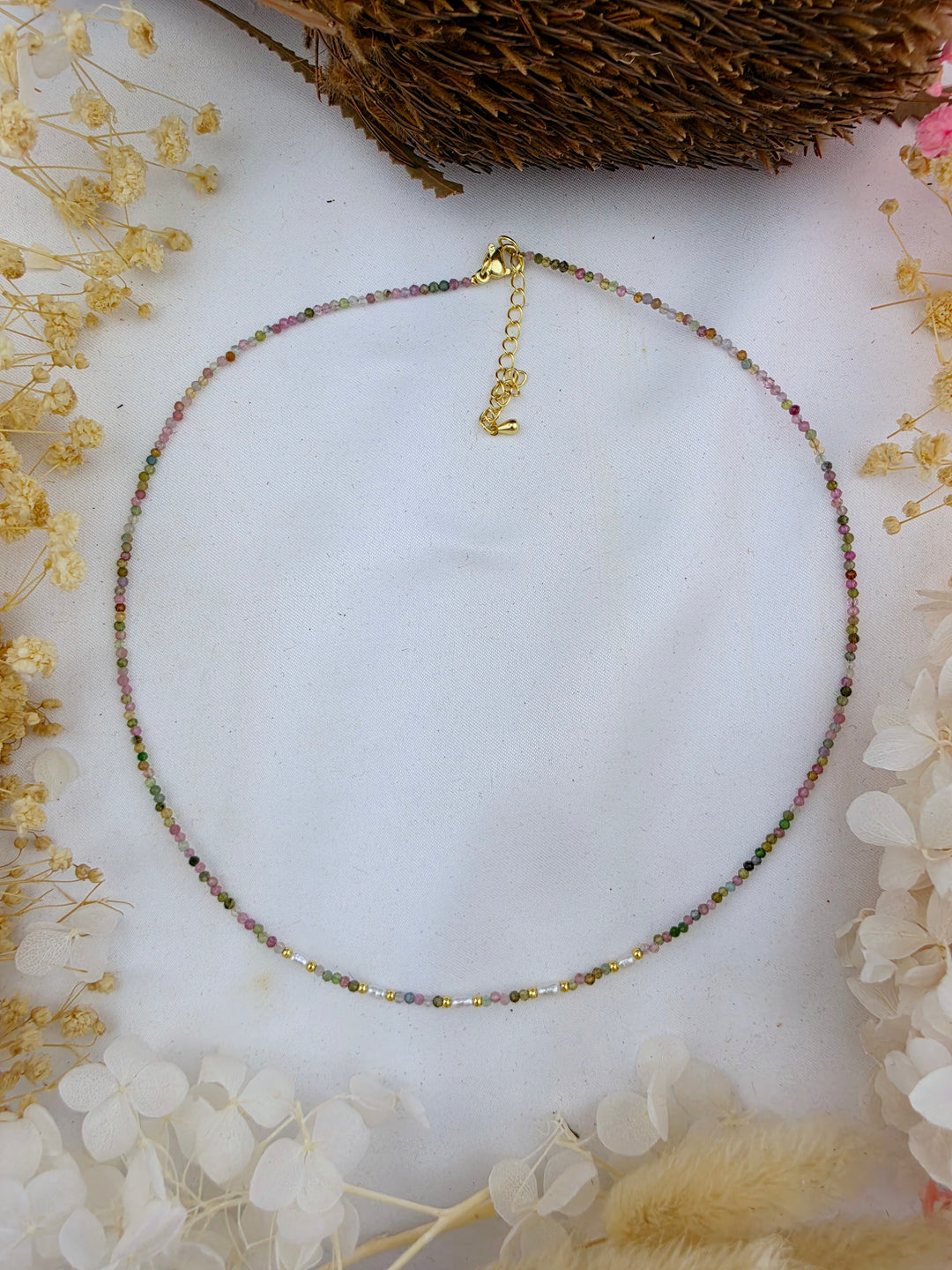 Watermelon Tourmaline Faceted Pearl Necklace - 2mm
