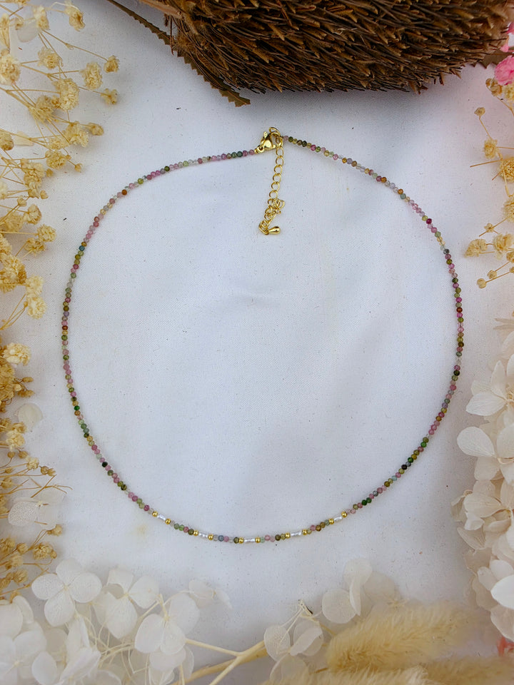 Watermelon Tourmaline Faceted Pearl Necklace - 2mm