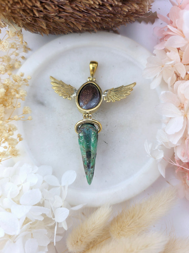 Chrysoprase Raven Skull with Opal Winged Brass Pendant