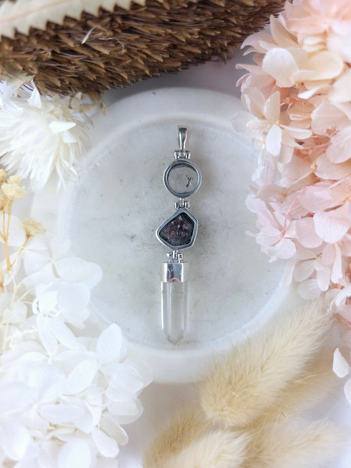 Rainbow Moonstone, Watermelon Tourmaline & Clear Quartz Silver Pendant