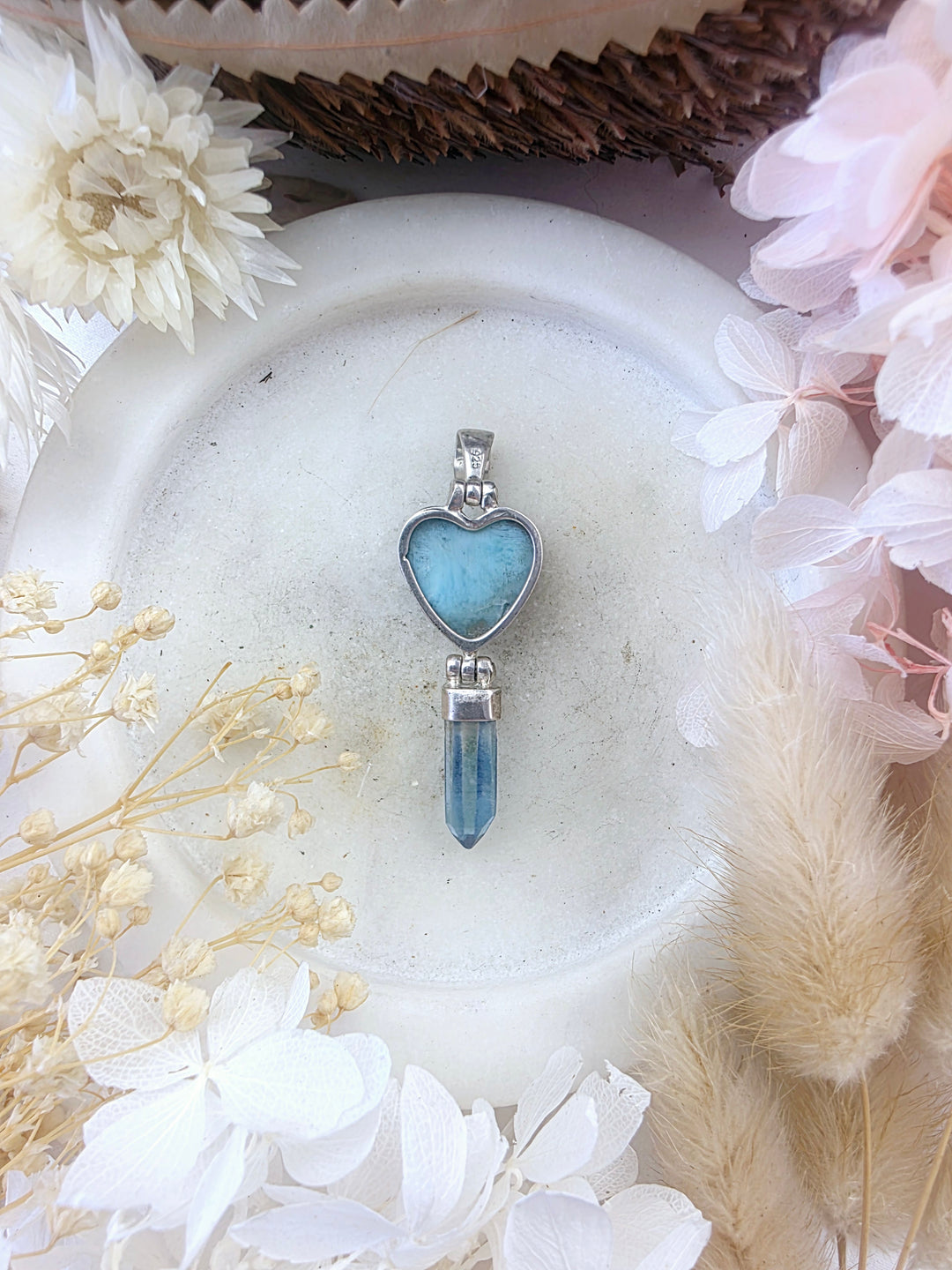 Aqua Aura & Larimar Heart Silver Pendant