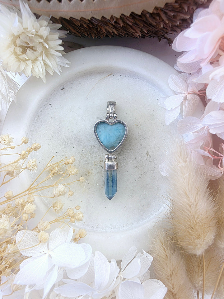 Aqua Aura & Larimar Heart Silver Pendant