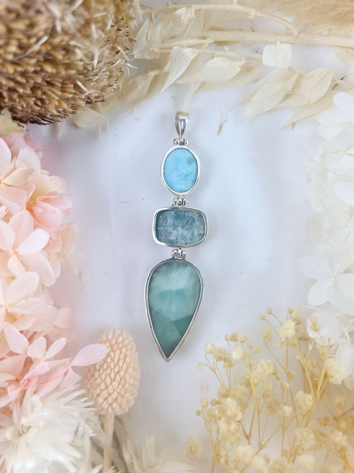 Larimar, Aquamarine & Hemimorphite Silver Pendant