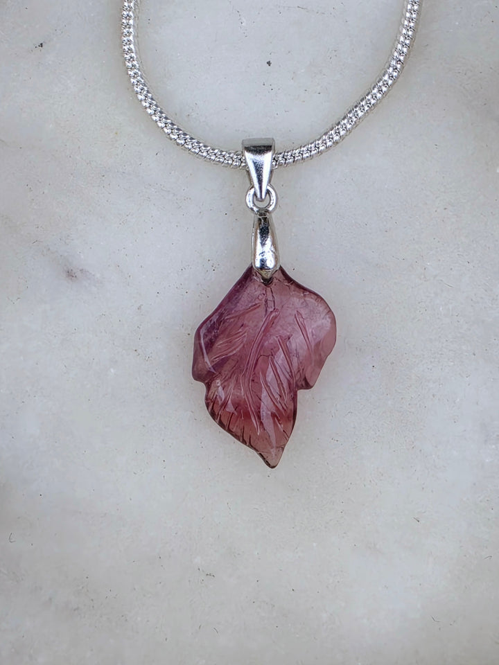 Pink Tourmaline Leaf Silver Pendant
