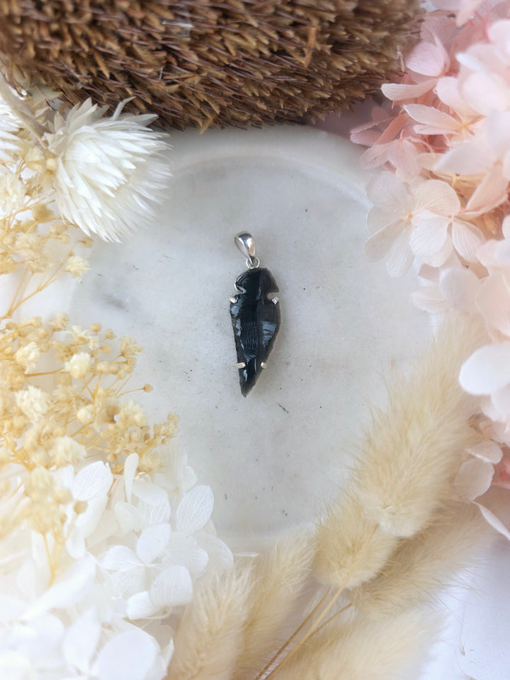 Black Obsidian Arrowhead Silver Pendant