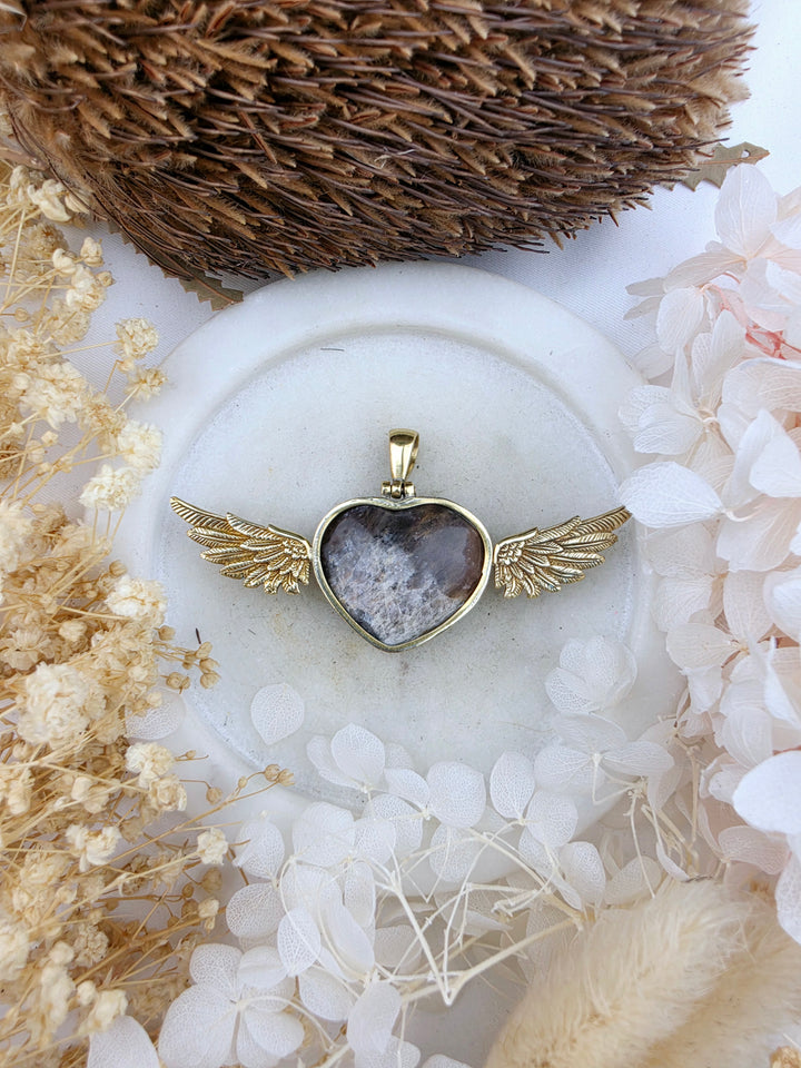 Black Moonstone Heart Anahata Brass Pendant