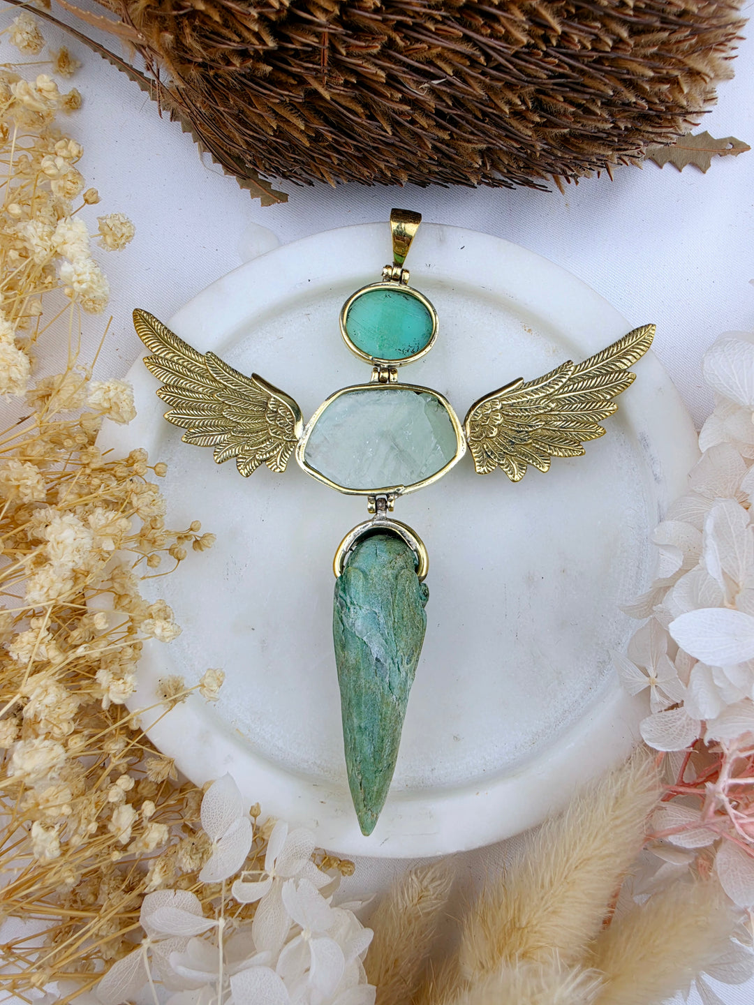 Fuchsite Raven, Green Calcite & Chrysoprase Anahata Brass Pendant