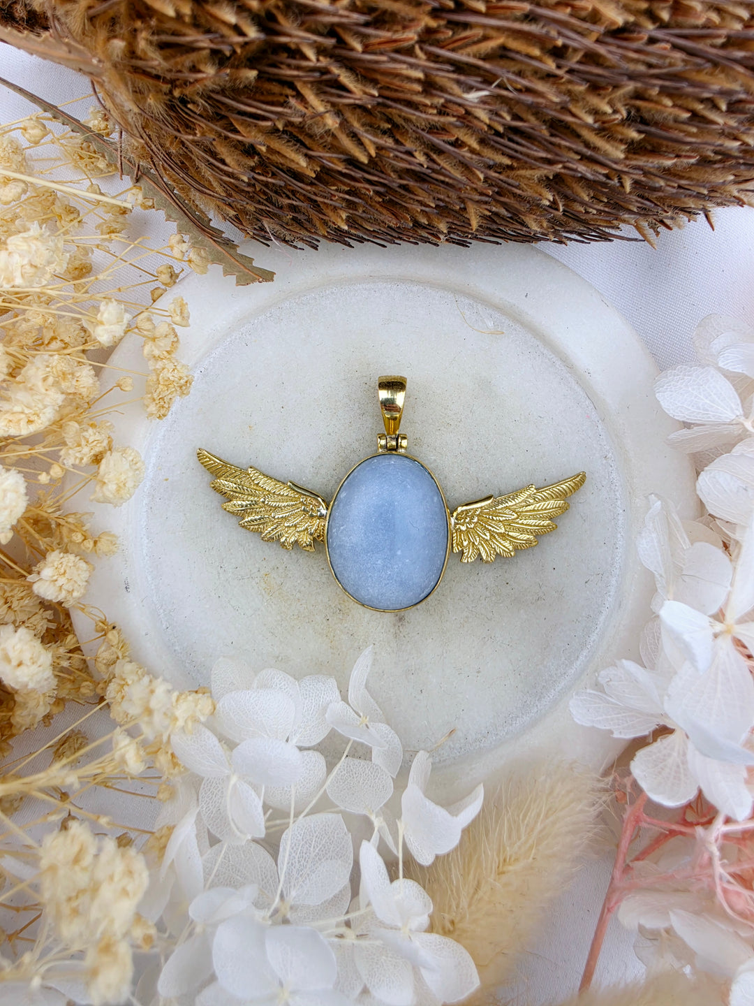 Angelite Anahata Brass Pendant