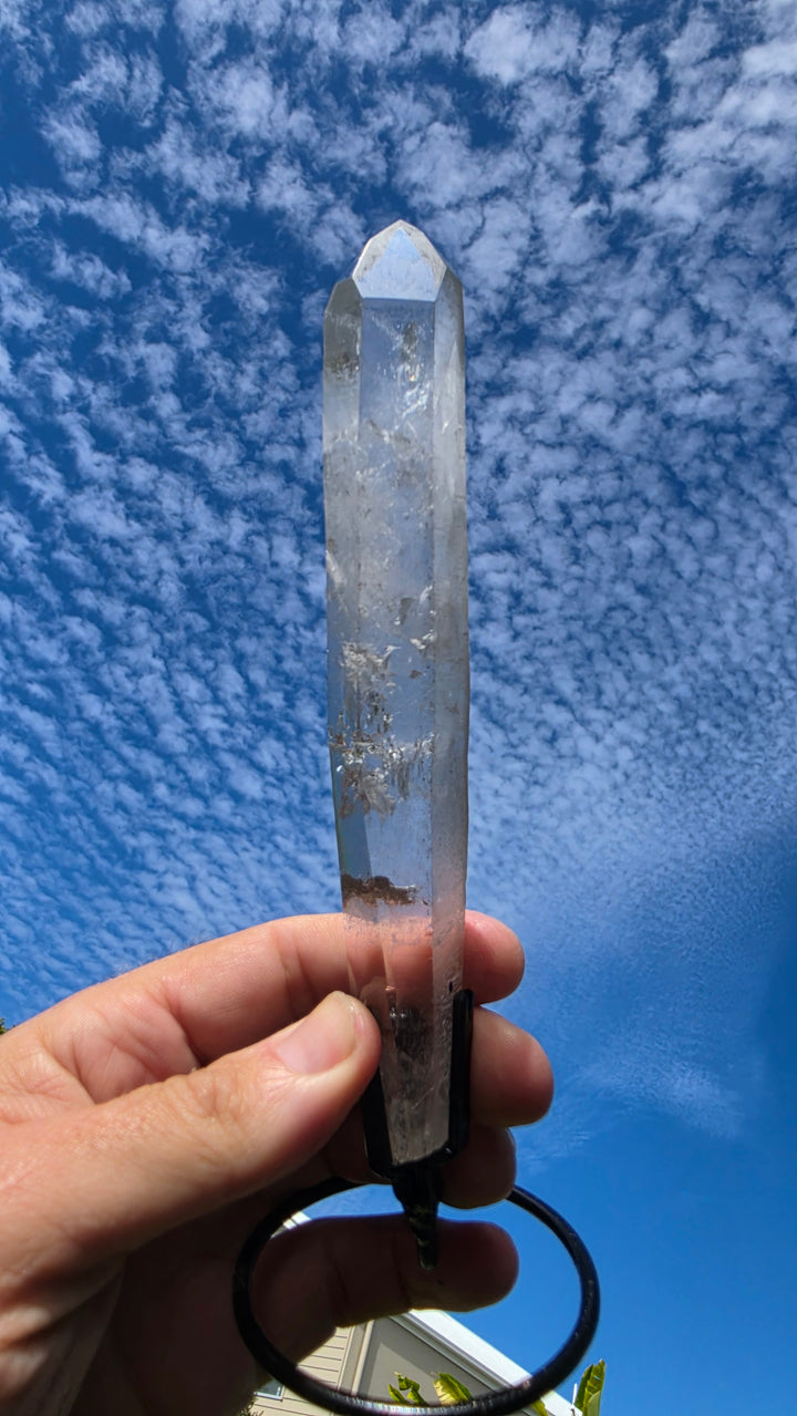 Lemurian with Black Chlorite Phantom Quartz with Metal Stand
