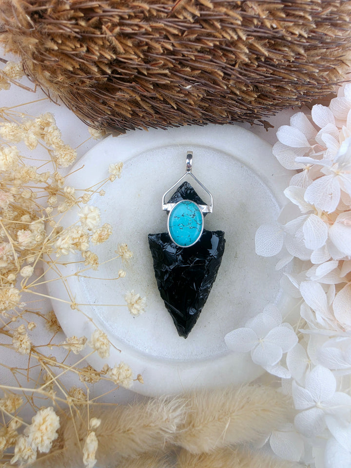 Black Obsidian Arrowhead & Turquoise Silver Protector Pendant