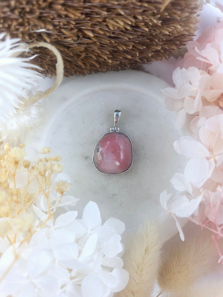 Pink Opal Tumbled Silver Pendant