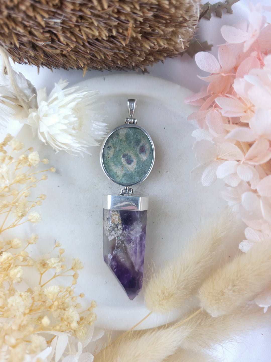 Ruby In Fuschite & Amethyst Smoky Quartz Silver Pendant