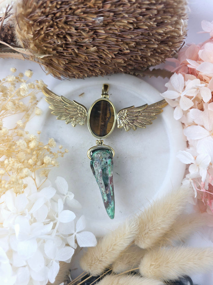 Chrysoprase Raven Skull with Tigers Eye Winged Brass Pendant