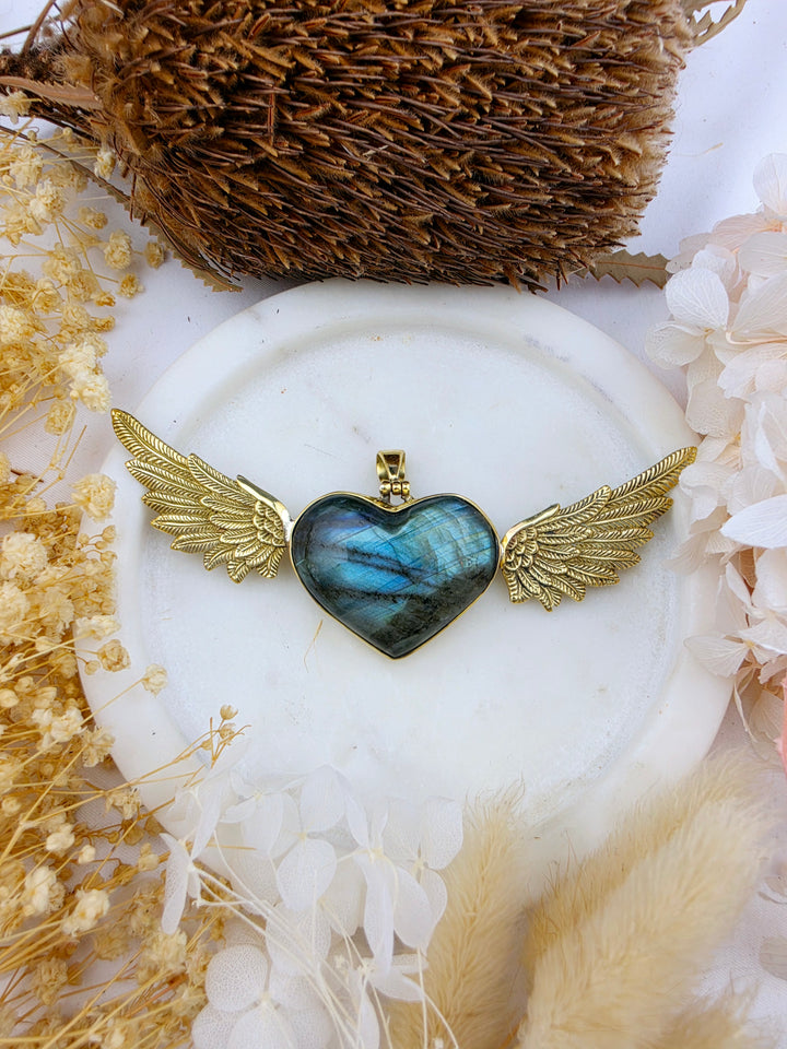 Labradorite Heart Anahata Brass Pendant