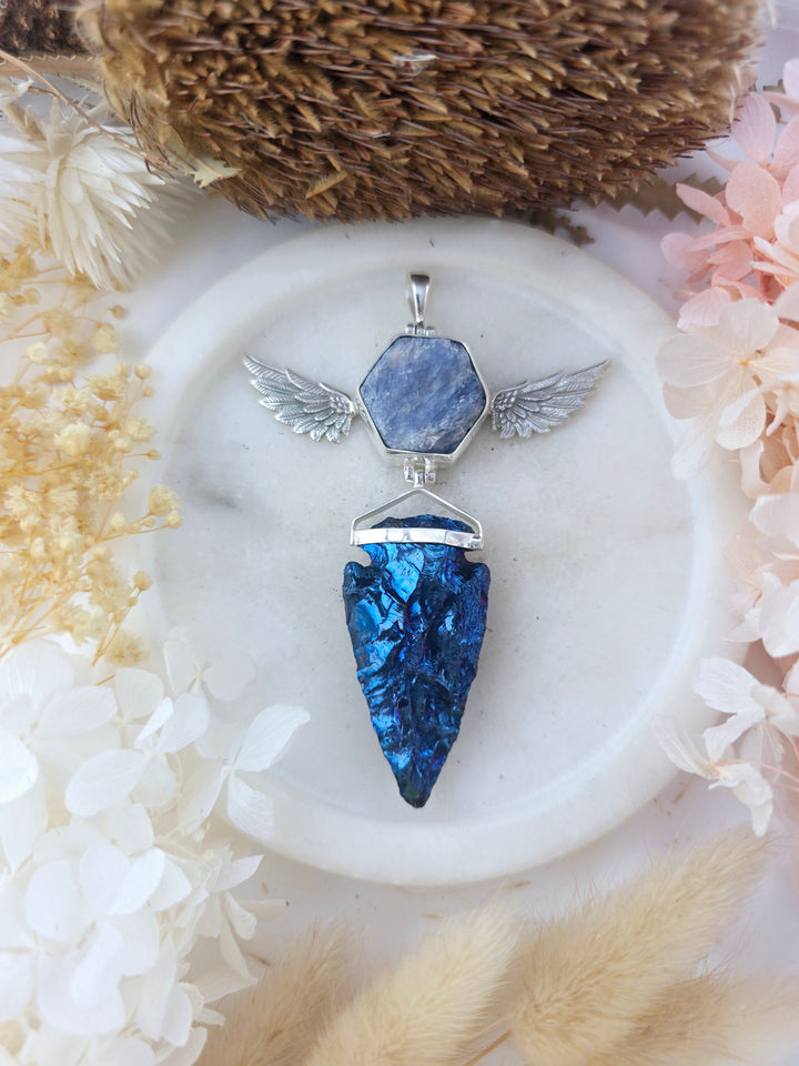 Cobalt Aura Arrowhead & Sapphire Winged Goddess Silver Pendant
