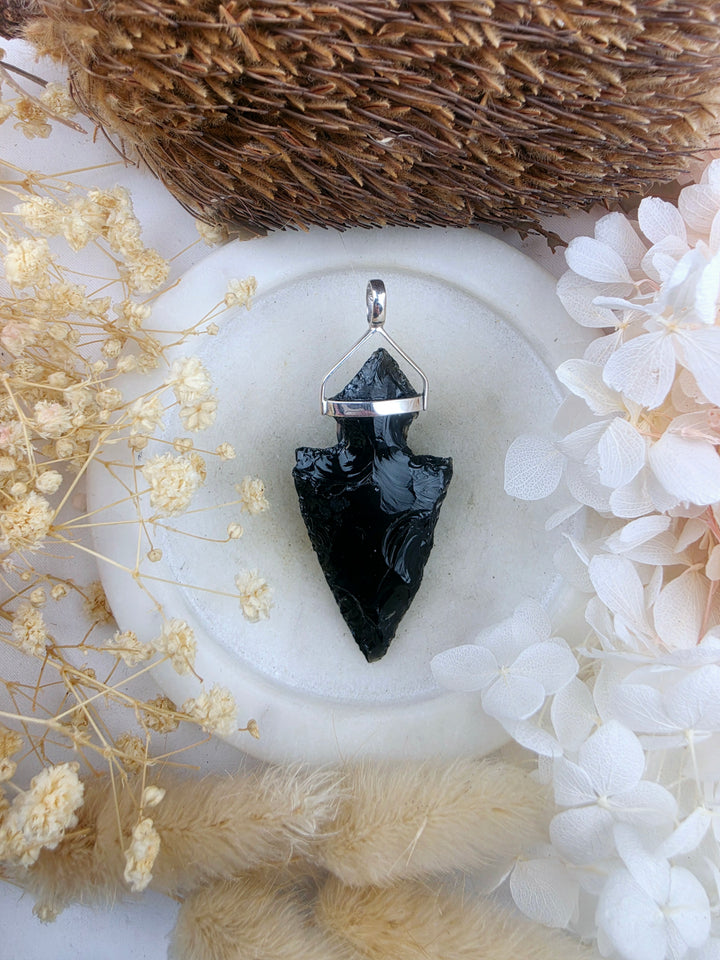 Black Obsidian Arrowhead & Turquoise Silver Protector Pendant