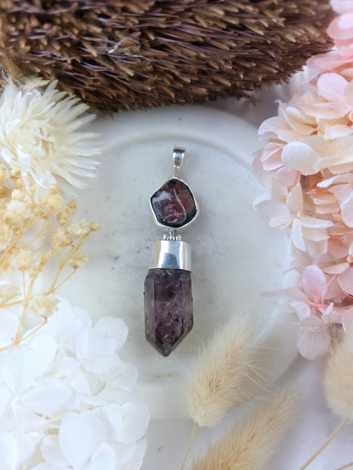 Brandberg Amethyst Enhydro (Non-Moving Bubble) & Watermelon Tourmaline Silver Pendant